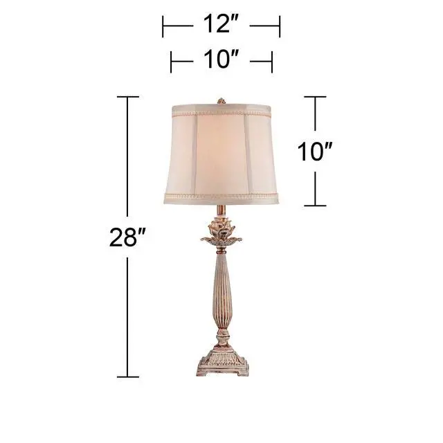 Alt view image 4 of 6 - Shabby Chic French Country Table Lamps 28" Tall Set of 2 Antique White Washed Petite Artichoke Font Beige Fabric Bell Shade for Cottage Core Living Room Bedroom House Bedside Nightstand