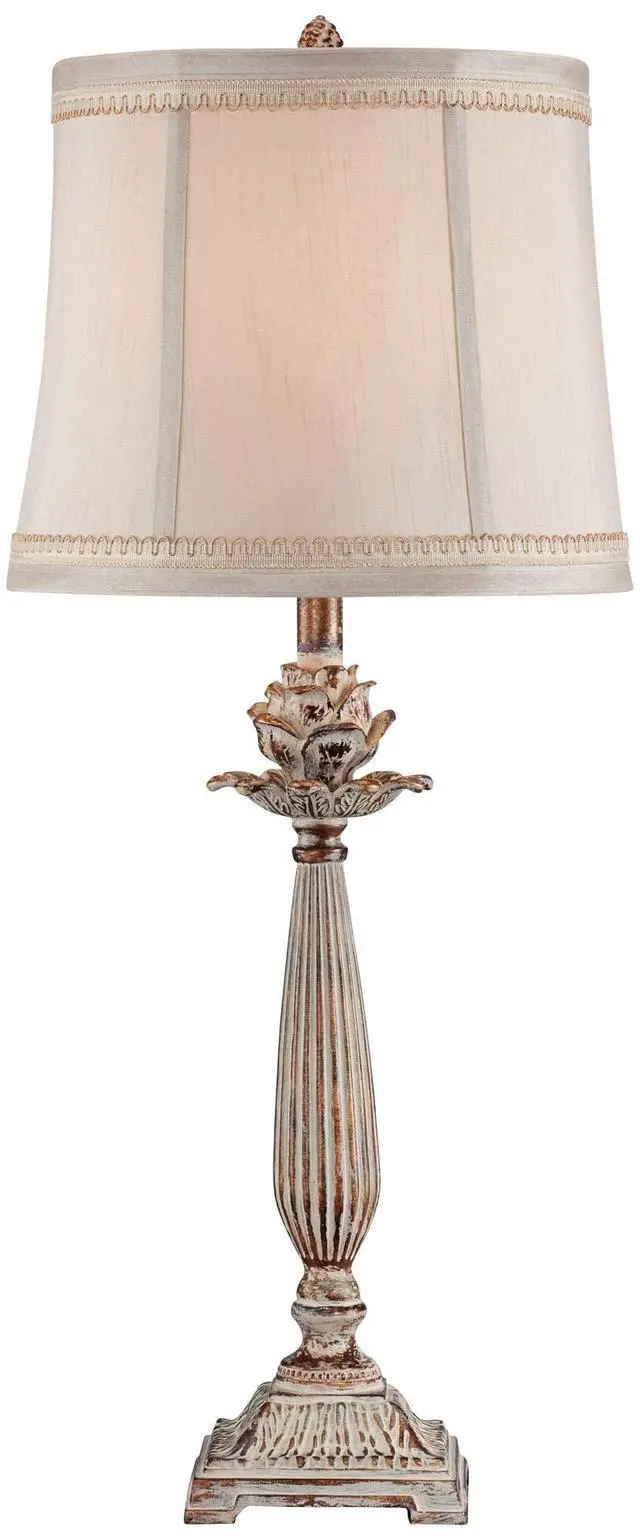 Alt view image 6 of 6 - Shabby Chic French Country Table Lamps 28" Tall Set of 2 Antique White Washed Petite Artichoke Font Beige Fabric Bell Shade for Cottage Core Living Room Bedroom House Bedside Nightstand