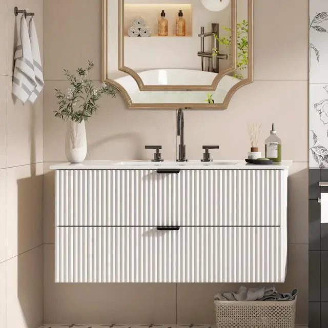 Main image of Bathroom Vanity 36 inch with Sink, Floating Bathroom Vanity, White Ceramic Sink & Double Drawers, Soft-Close Design, Wall Mount Bathroom Cabinet, Modern Floating 36" Vanity
