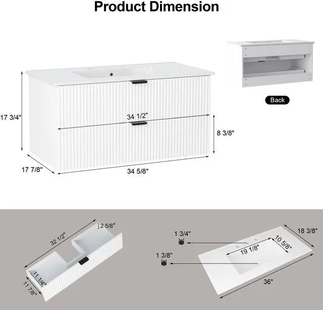 Alt view image 2 of 6 - Bathroom Vanity 36 inch with Sink, Floating Bathroom Vanity, White Ceramic Sink & Double Drawers, Soft-Close Design, Wall Mount Bathroom Cabinet, Modern Floating 36" Vanity