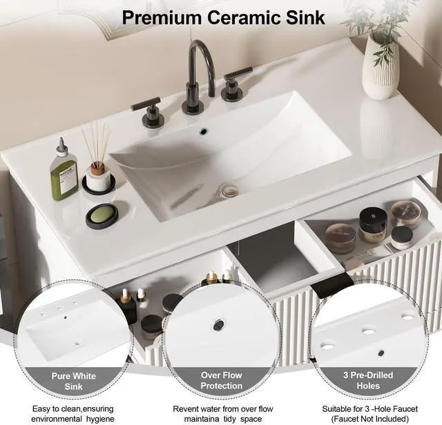 Alt view image 3 of 6 - Bathroom Vanity 36 inch with Sink, Floating Bathroom Vanity, White Ceramic Sink & Double Drawers, Soft-Close Design, Wall Mount Bathroom Cabinet, Modern Floating 36" Vanity