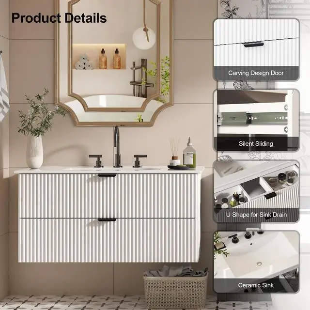 Alt view image 4 of 6 - Bathroom Vanity 36 inch with Sink, Floating Bathroom Vanity, White Ceramic Sink & Double Drawers, Soft-Close Design, Wall Mount Bathroom Cabinet, Modern Floating 36" Vanity