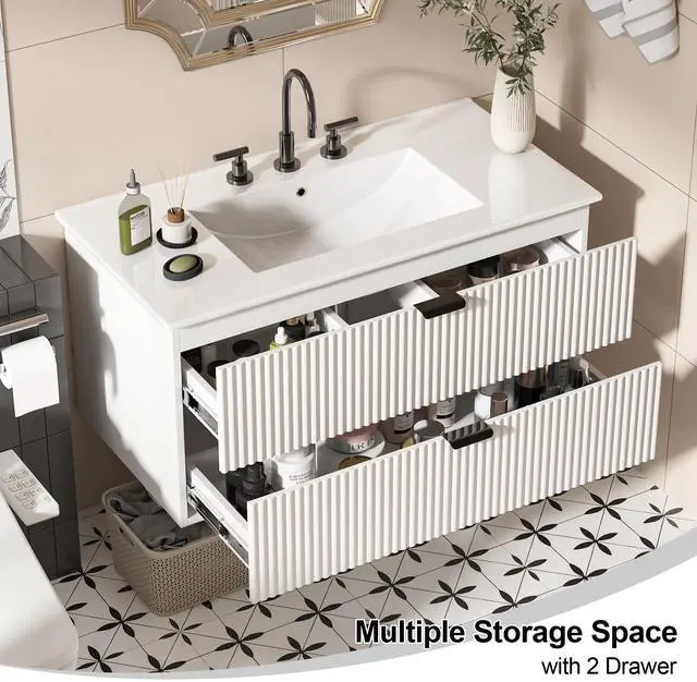 Alt view image 5 of 6 - Bathroom Vanity 36 inch with Sink, Floating Bathroom Vanity, White Ceramic Sink & Double Drawers, Soft-Close Design, Wall Mount Bathroom Cabinet, Modern Floating 36" Vanity