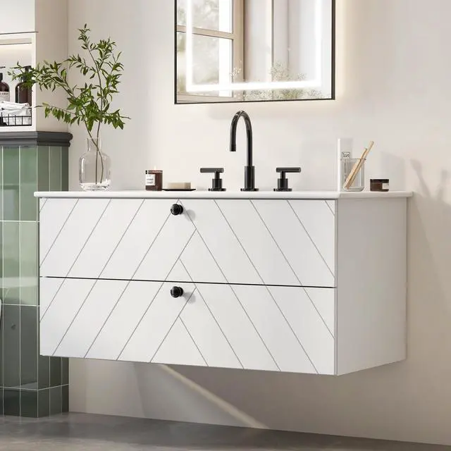 Main image of 36 Inch Floating Bathroom Vanity with Sink, Wall Mounted Floating Cabinet with 2 Large Storage Drawers & Black Metal Handle, Modern Bathroom Sink Cabinet with Ceramic Basin Combo
