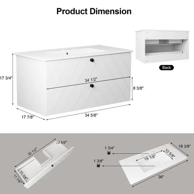Alt view image 2 of 6 - 36 Inch Floating Bathroom Vanity with Sink, Wall Mounted Floating Cabinet with 2 Large Storage Drawers & Black Metal Handle, Modern Bathroom Sink Cabinet with Ceramic Basin Combo