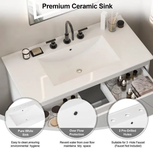 Alt view image 3 of 6 - 36 Inch Floating Bathroom Vanity with Sink, Wall Mounted Floating Cabinet with 2 Large Storage Drawers & Black Metal Handle, Modern Bathroom Sink Cabinet with Ceramic Basin Combo