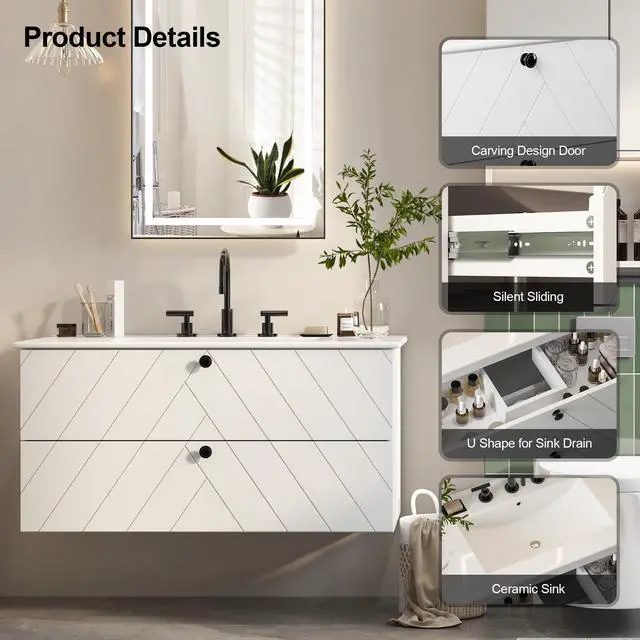 Alt view image 4 of 6 - 36 Inch Floating Bathroom Vanity with Sink, Wall Mounted Floating Cabinet with 2 Large Storage Drawers & Black Metal Handle, Modern Bathroom Sink Cabinet with Ceramic Basin Combo