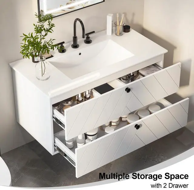 Alt view image 5 of 6 - 36 Inch Floating Bathroom Vanity with Sink, Wall Mounted Floating Cabinet with 2 Large Storage Drawers & Black Metal Handle, Modern Bathroom Sink Cabinet with Ceramic Basin Combo
