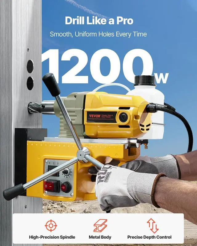 Alt view image 2 of 6 - Magnetic Drill, 1200W Motor 1.6 in Boring Diameter, 2810 lbf Electric Mag Drill Press, with 2 Coring Bits, Variable Speed, Drilling Machine for Metal Surface, Home Improvement Industry, Yellow