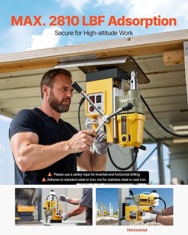 Alt view image 6 of 6 - Magnetic Drill, 1200W Motor 1.6 in Boring Diameter, 2810 lbf Electric Mag Drill Press, with 2 Coring Bits, Variable Speed, Drilling Machine for Metal Surface, Home Improvement Industry, Yellow
