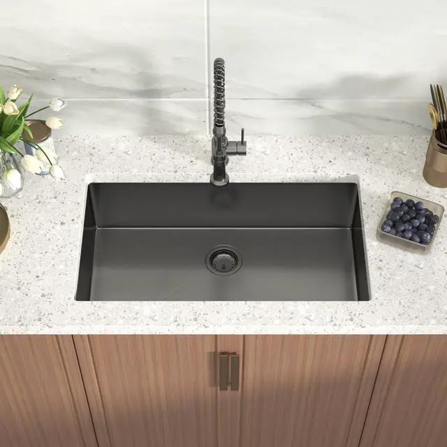 Alt view image 2 of 6 - Black Undermount Kitchen Sink 30x18x9 Inch Single Bowl 18 Gauge Stainless Steel Under Counter Sinks Basin With Drain Strainer