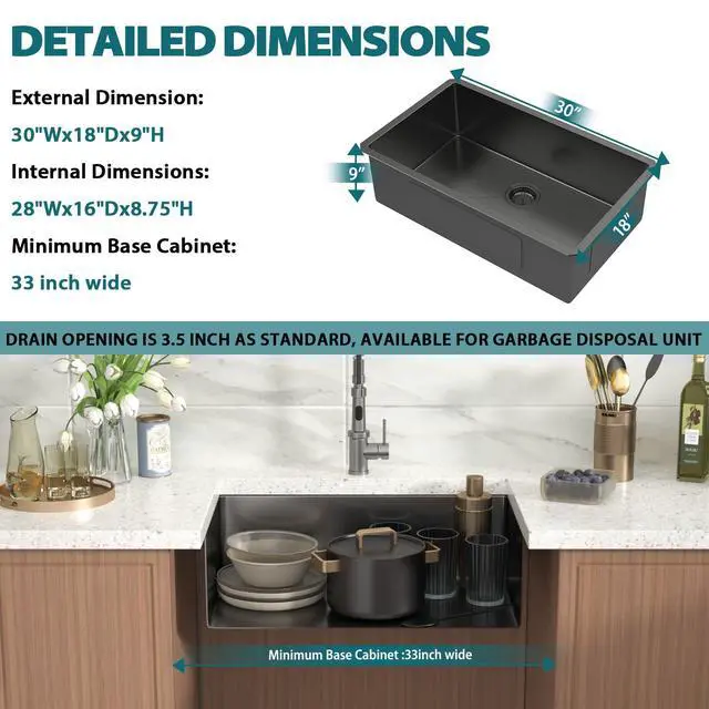 Alt view image 4 of 6 - Black Undermount Kitchen Sink 30x18x9 Inch Single Bowl 18 Gauge Stainless Steel Under Counter Sinks Basin With Drain Strainer
