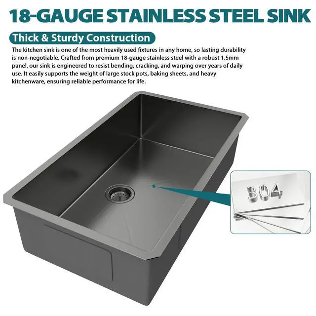 Alt view image 6 of 6 - Black Undermount Kitchen Sink 30x18x9 Inch Single Bowl 18 Gauge Stainless Steel Under Counter Sinks Basin With Drain Strainer