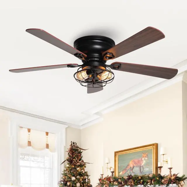 Main image of Low Profile Ceiling Fans with Lights and Remote, Black Farmhouse Flush Mount Ceiling Fan with Light for Bedroom Living Room, Rustic Chandelier Fans, Reversible 5-Blades, Timer, 48 Inch