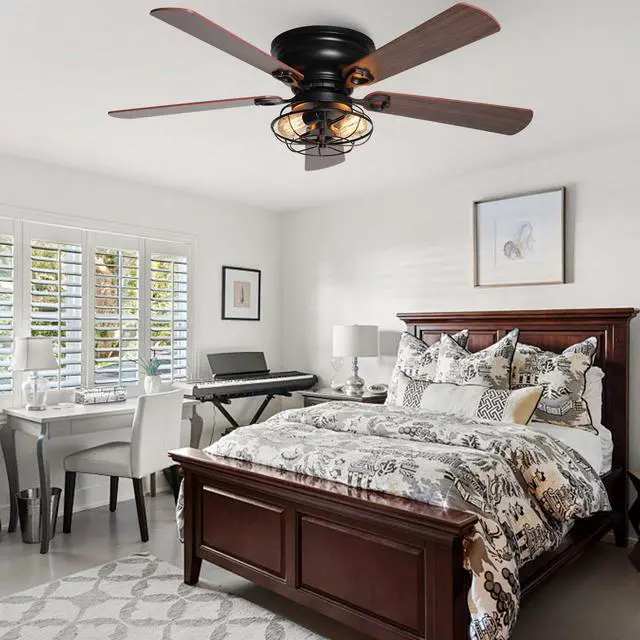 Alt view image 2 of 6 - Low Profile Ceiling Fans with Lights and Remote, Black Farmhouse Flush Mount Ceiling Fan with Light for Bedroom Living Room, Rustic Chandelier Fans, Reversible 5-Blades, Timer, 48 Inch