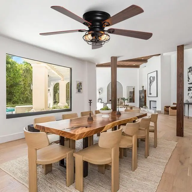 Alt view image 3 of 6 - Low Profile Ceiling Fans with Lights and Remote, Black Farmhouse Flush Mount Ceiling Fan with Light for Bedroom Living Room, Rustic Chandelier Fans, Reversible 5-Blades, Timer, 48 Inch