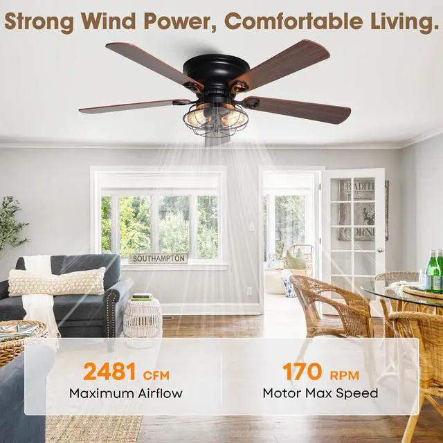 Alt view image 4 of 6 - Low Profile Ceiling Fans with Lights and Remote, Black Farmhouse Flush Mount Ceiling Fan with Light for Bedroom Living Room, Rustic Chandelier Fans, Reversible 5-Blades, Timer, 48 Inch