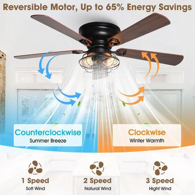 Alt view image 5 of 6 - Low Profile Ceiling Fans with Lights and Remote, Black Farmhouse Flush Mount Ceiling Fan with Light for Bedroom Living Room, Rustic Chandelier Fans, Reversible 5-Blades, Timer, 48 Inch