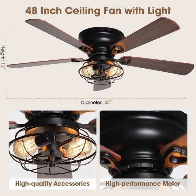 Alt view image 6 of 6 - Low Profile Ceiling Fans with Lights and Remote, Black Farmhouse Flush Mount Ceiling Fan with Light for Bedroom Living Room, Rustic Chandelier Fans, Reversible 5-Blades, Timer, 48 Inch