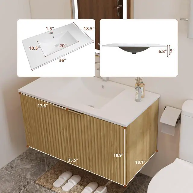 Alt view image 2 of 6 - Modern Bathroom Vanity with Wavy Textured Doors - Wall Mounted Floating Cabinet, Soft-Close Waterproof Storage for Small Bathroom, Easy Install (Nature with Sink, 36)