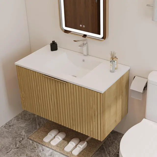 Alt view image 3 of 6 - Modern Bathroom Vanity with Wavy Textured Doors - Wall Mounted Floating Cabinet, Soft-Close Waterproof Storage for Small Bathroom, Easy Install (Nature with Sink, 36)