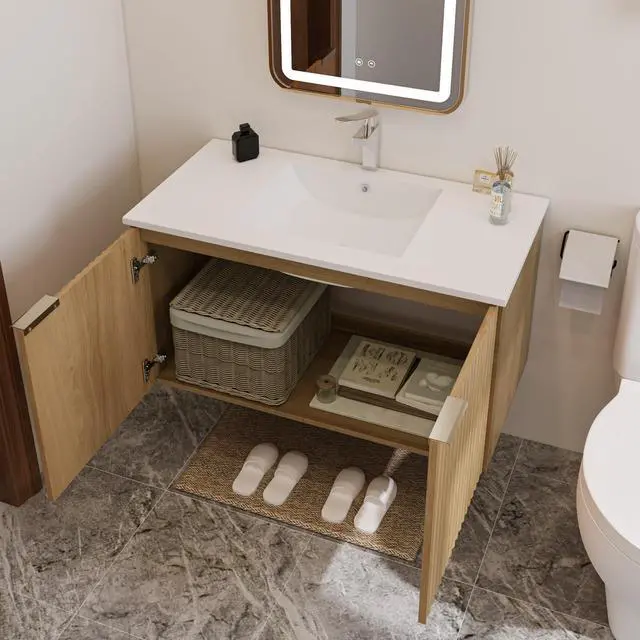 Alt view image 4 of 6 - Modern Bathroom Vanity with Wavy Textured Doors - Wall Mounted Floating Cabinet, Soft-Close Waterproof Storage for Small Bathroom, Easy Install (Nature with Sink, 36)
