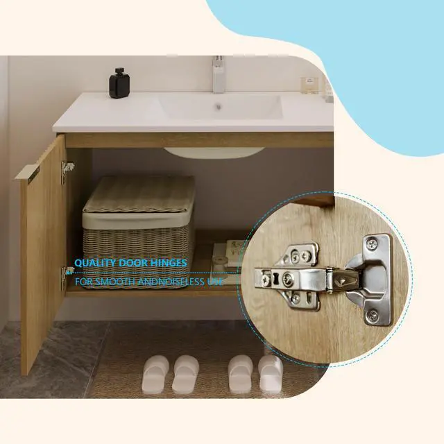 Alt view image 5 of 6 - Modern Bathroom Vanity with Wavy Textured Doors - Wall Mounted Floating Cabinet, Soft-Close Waterproof Storage for Small Bathroom, Easy Install (Nature with Sink, 36)