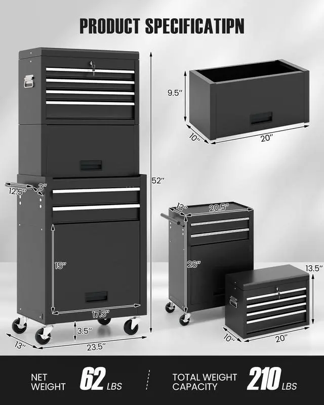 Alt view image 2 of 6 - 2-in-1 Rolling Tool Chest with 5 Drawers, Heavy-Duty Metal Tool Box with Wheels, Detachable Top Tool Box & Rolling Tool Cabinet for Garage, DIY (6-Drawers Whith Middle Box, Black)