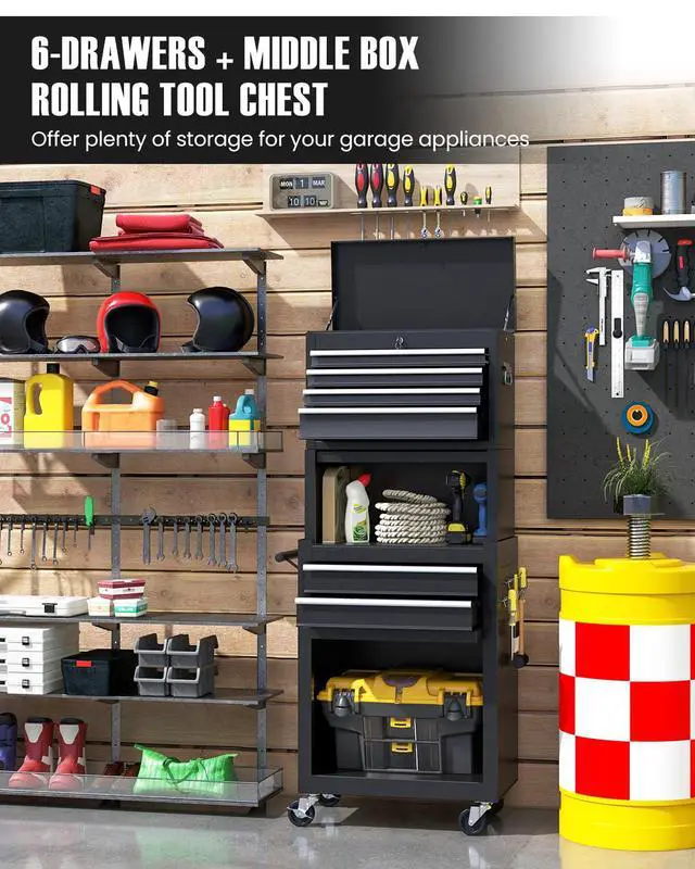 Alt view image 3 of 6 - 2-in-1 Rolling Tool Chest with 5 Drawers, Heavy-Duty Metal Tool Box with Wheels, Detachable Top Tool Box & Rolling Tool Cabinet for Garage, DIY (6-Drawers Whith Middle Box, Black)