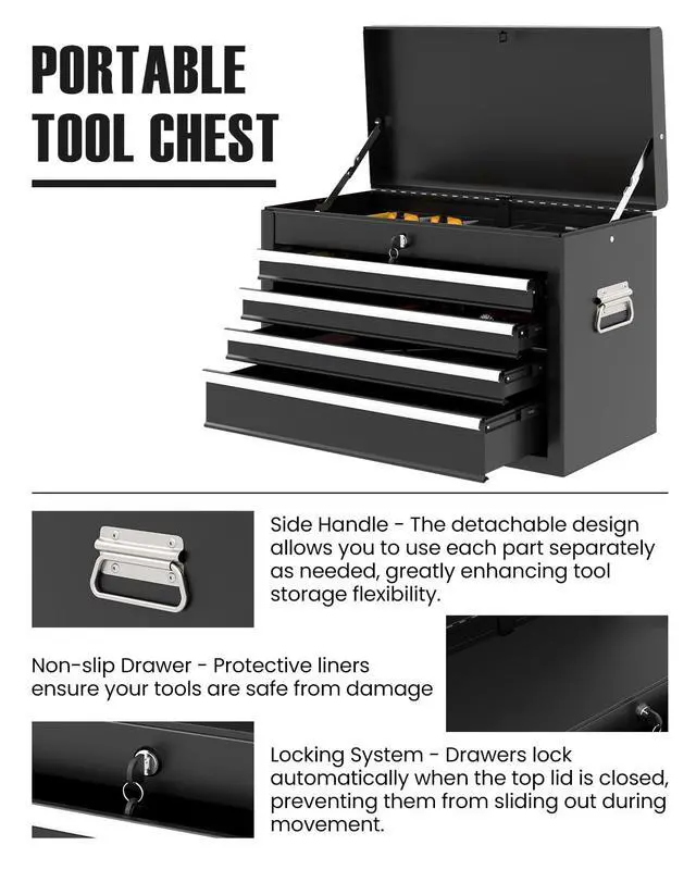 Alt view image 5 of 6 - 2-in-1 Rolling Tool Chest with 5 Drawers, Heavy-Duty Metal Tool Box with Wheels, Detachable Top Tool Box & Rolling Tool Cabinet for Garage, DIY (6-Drawers Whith Middle Box, Black)