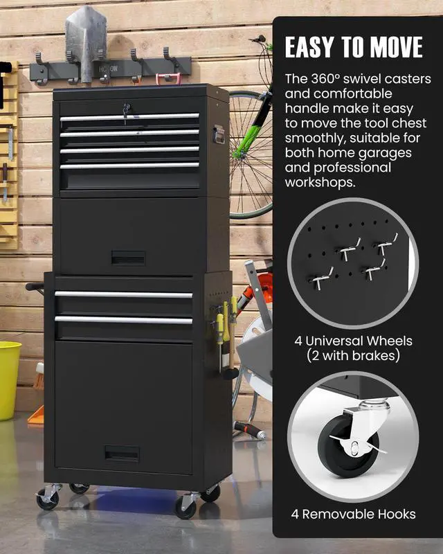 Alt view image 6 of 6 - 2-in-1 Rolling Tool Chest with 5 Drawers, Heavy-Duty Metal Tool Box with Wheels, Detachable Top Tool Box & Rolling Tool Cabinet for Garage, DIY (6-Drawers Whith Middle Box, Black)