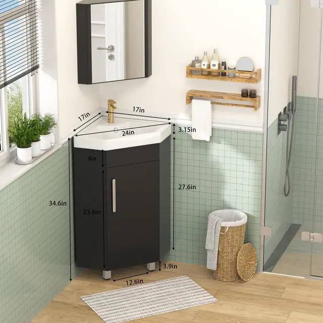 Alt view image 2 of 6 - 24" Corner Bathroom Vanity Sink for Small Space Freestanding Compact Space Bathroom Storage Cabinet with White Ceramic Sink & Adjustable Shelf, Black