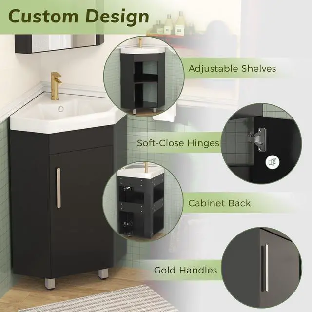 Alt view image 3 of 6 - 24" Corner Bathroom Vanity Sink for Small Space Freestanding Compact Space Bathroom Storage Cabinet with White Ceramic Sink & Adjustable Shelf, Black