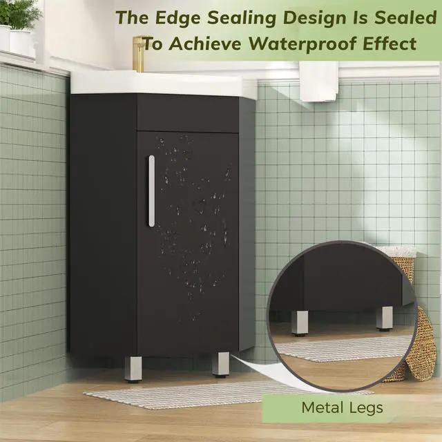 Alt view image 4 of 6 - 24" Corner Bathroom Vanity Sink for Small Space Freestanding Compact Space Bathroom Storage Cabinet with White Ceramic Sink & Adjustable Shelf, Black