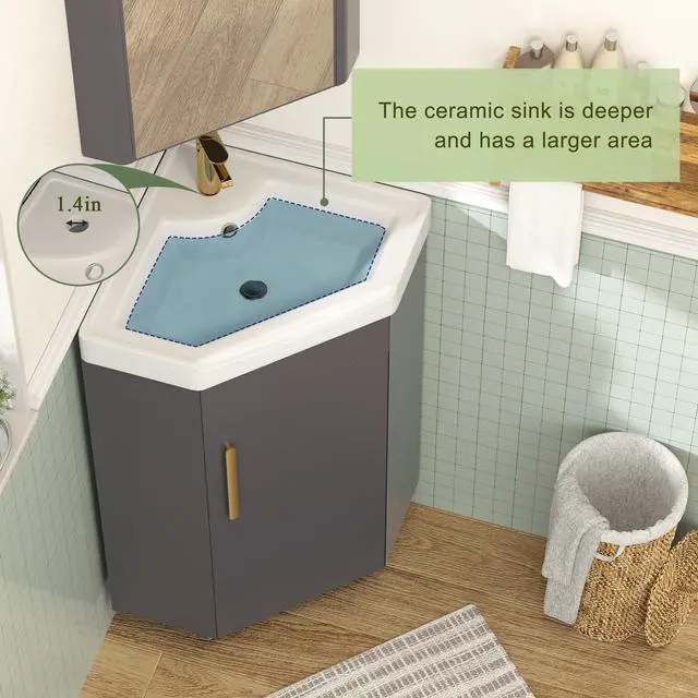 Alt view image 5 of 6 - 24" Corner Bathroom Vanity Sink for Small Space Freestanding Compact Space Bathroom Storage Cabinet with White Ceramic Sink & Adjustable Shelf, Black