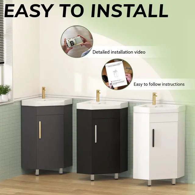 Alt view image 6 of 6 - 24" Corner Bathroom Vanity Sink for Small Space Freestanding Compact Space Bathroom Storage Cabinet with White Ceramic Sink & Adjustable Shelf, Black