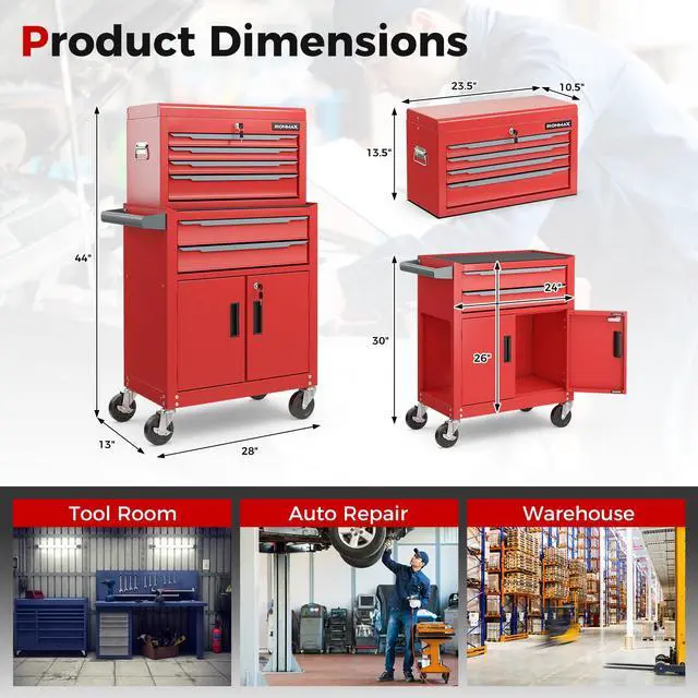 Alt view image 3 of 6 - Tool Chest, 6 Drawers Extra Large Rolling Too Storage Cabinet with 4 Universal Lockable Wheels, Auto Lock, Protective Liner, 2-in-1 Heavy Duty Tool Box for Garage, Workshop