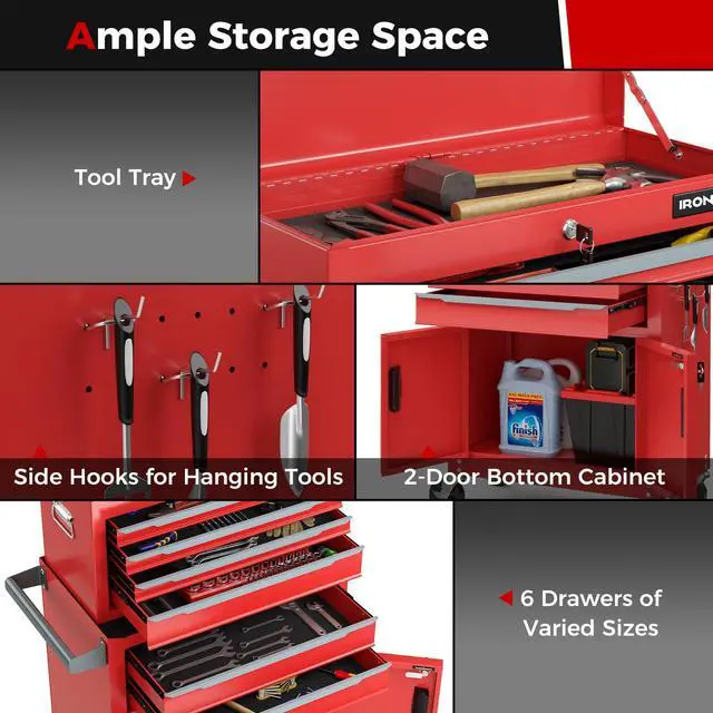 Alt view image 6 of 6 - Tool Chest, 6 Drawers Extra Large Rolling Too Storage Cabinet with 4 Universal Lockable Wheels, Auto Lock, Protective Liner, 2-in-1 Heavy Duty Tool Box for Garage, Workshop