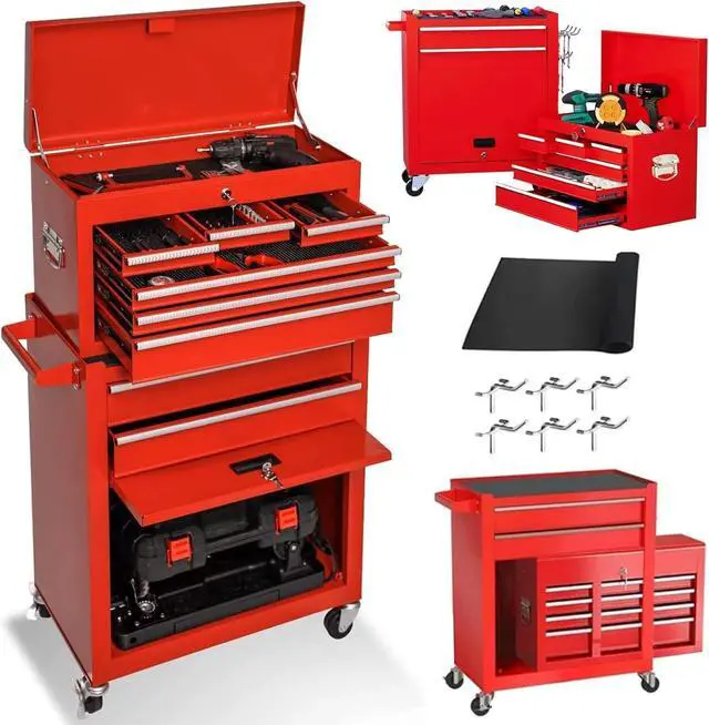 Main image of 8-Drawer Rolling Tool Chest 2-in-1 Lockable Tool Box Organizer with Wheels and Drawers, Detachable Storage Cabinet with Lock for Garage Workshop, Red