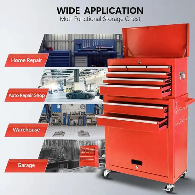 Alt view image 4 of 6 - 8-Drawer Rolling Tool Chest 2-in-1 Lockable Tool Box Organizer with Wheels and Drawers, Detachable Storage Cabinet with Lock for Garage Workshop, Red