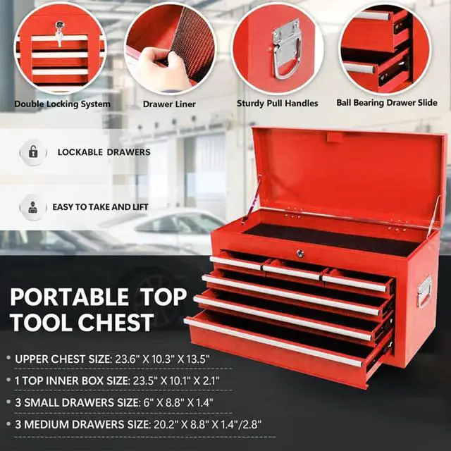 Alt view image 5 of 6 - 8-Drawer Rolling Tool Chest 2-in-1 Lockable Tool Box Organizer with Wheels and Drawers, Detachable Storage Cabinet with Lock for Garage Workshop, Red