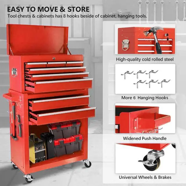 Alt view image 6 of 6 - 8-Drawer Rolling Tool Chest 2-in-1 Lockable Tool Box Organizer with Wheels and Drawers, Detachable Storage Cabinet with Lock for Garage Workshop, Red