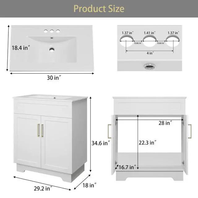Alt view image 2 of 6 - Bathroom Vanity with Ceramic Sink, Quick Assembly 30 Inch Double Door Bathroom Cabinet Vanity with Wooden Frame and Storage, White