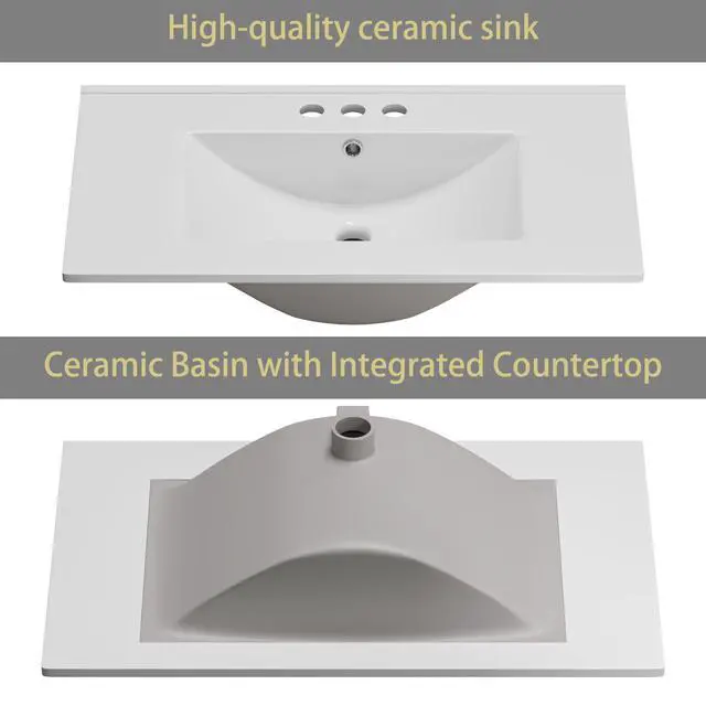 Alt view image 4 of 6 - Bathroom Vanity with Ceramic Sink, Quick Assembly 30 Inch Double Door Bathroom Cabinet Vanity with Wooden Frame and Storage, White