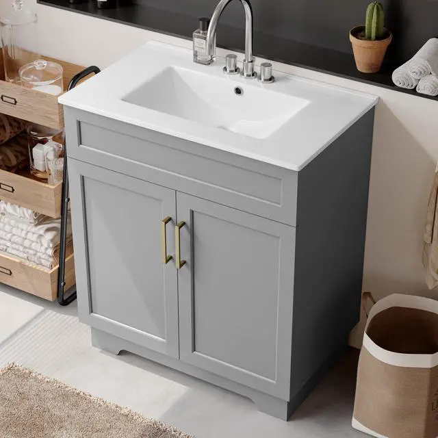 Main image of Bathroom Vanity with Ceramic Sink, Quick Assembly 30 Inch Double Door Bathroom Cabinet Vanity with Wooden Frame and Storage, Grey