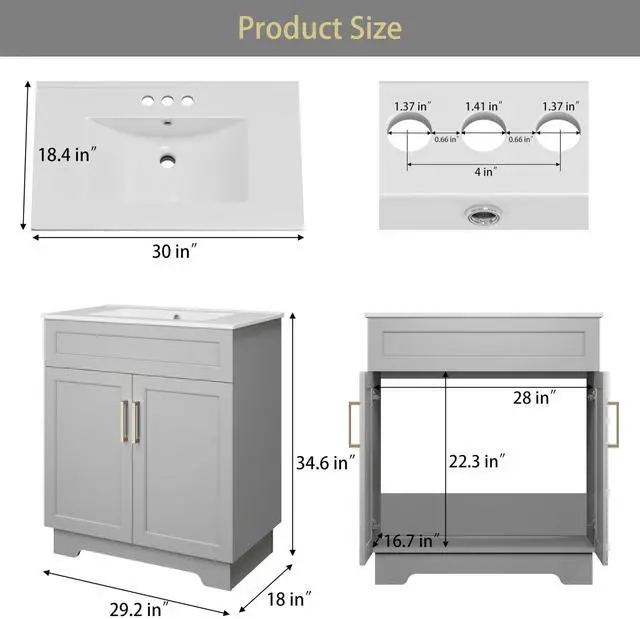 Alt view image 2 of 6 - Bathroom Vanity with Ceramic Sink, Quick Assembly 30 Inch Double Door Bathroom Cabinet Vanity with Wooden Frame and Storage, Grey