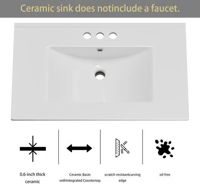 Alt view image 4 of 6 - Bathroom Vanity with Ceramic Sink, Quick Assembly 30 Inch Double Door Bathroom Cabinet Vanity with Wooden Frame and Storage, Grey