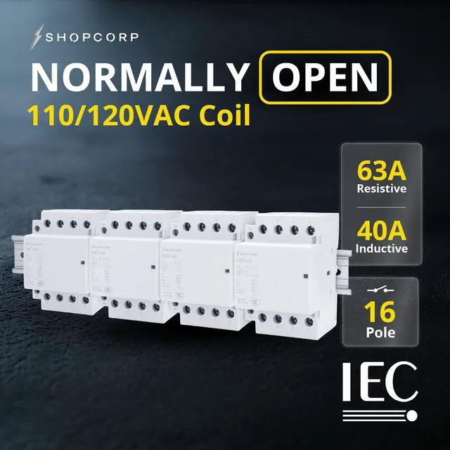 Alt view image 4 of 6 - 16 Pole (4 Pole x 4) 120v Coil Contactor NO 63 amp IEC 400V AC Contactor 110/120VAC Coil - Motor Load 40A, Lighting Load 63A | Silent Operation Includes DIN Rail and Phillips Screws