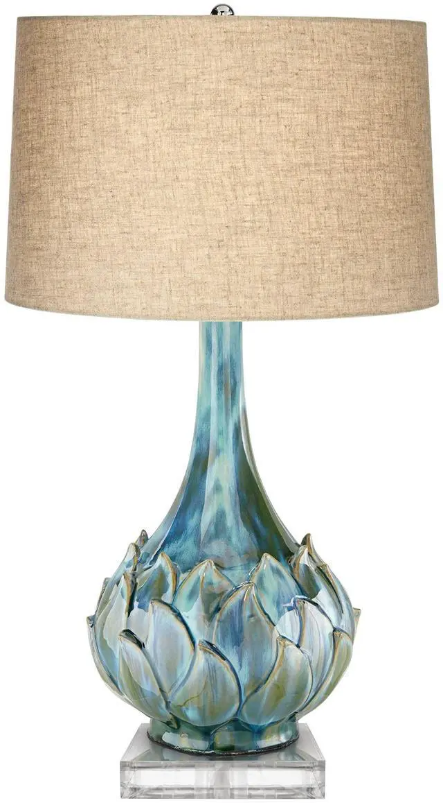 Main image of Kenya Modern Tropical Table Lamp with Riser 31" Tall Blue Green Ceramic Beige Linen Drum Shade for Living Room Bedroom House Bedside Home Office Entryway (Color May Vary)