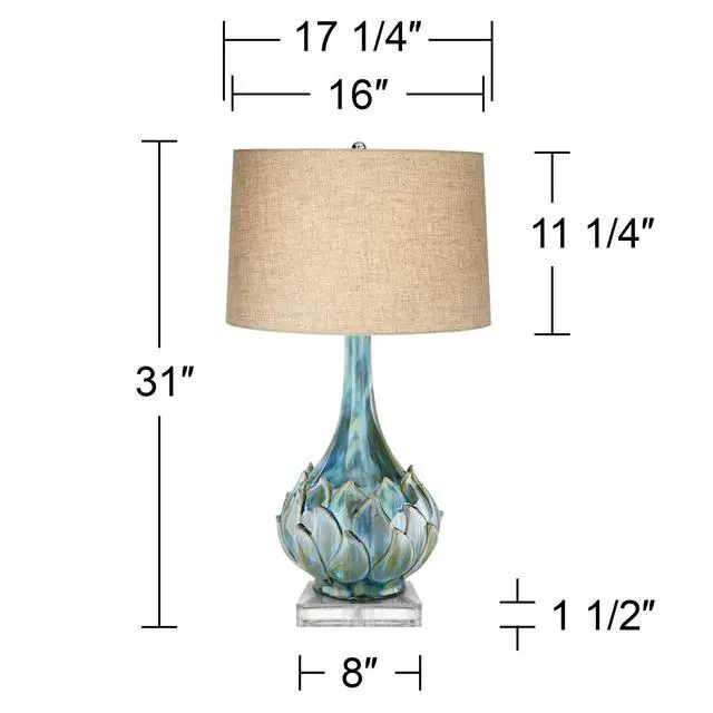 Alt view image 6 of 6 - Kenya Modern Tropical Table Lamp with Riser 31" Tall Blue Green Ceramic Beige Linen Drum Shade for Living Room Bedroom House Bedside Home Office Entryway (Color May Vary)